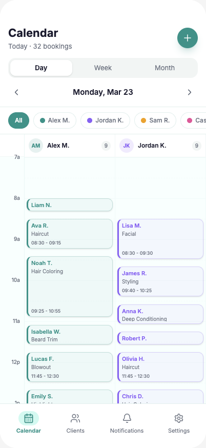 Ofinly app calendar view showing daily bookings and appointments
