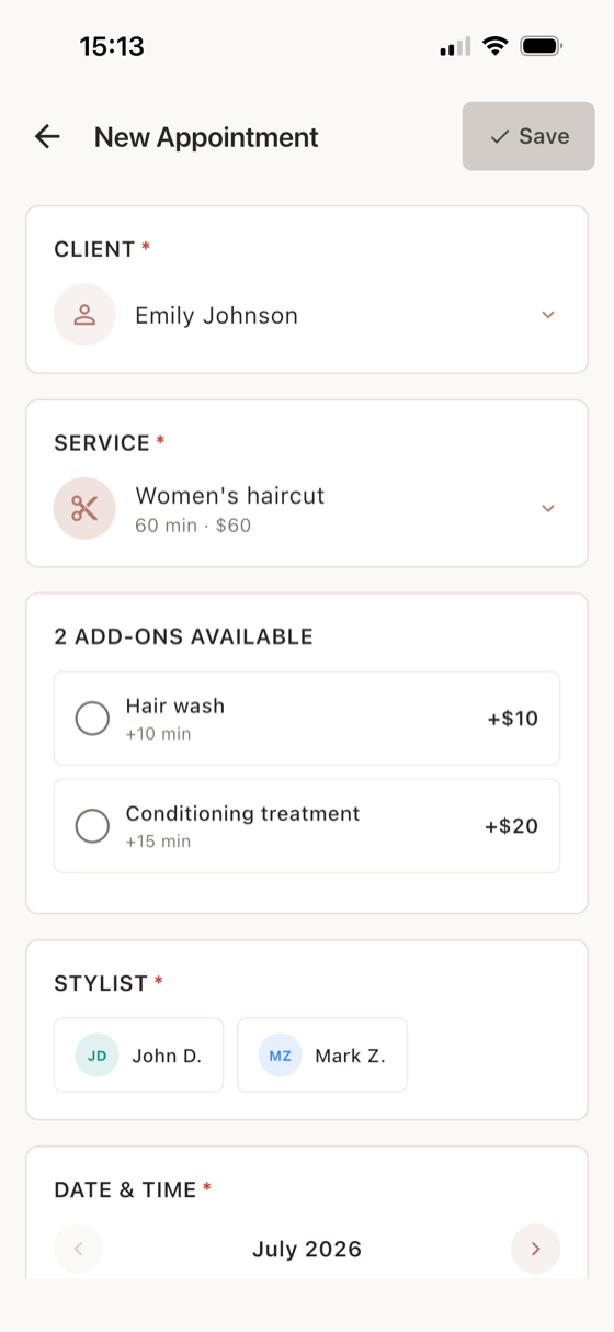 Ofinly new appointment form with client, service, add-on, and stylist fields