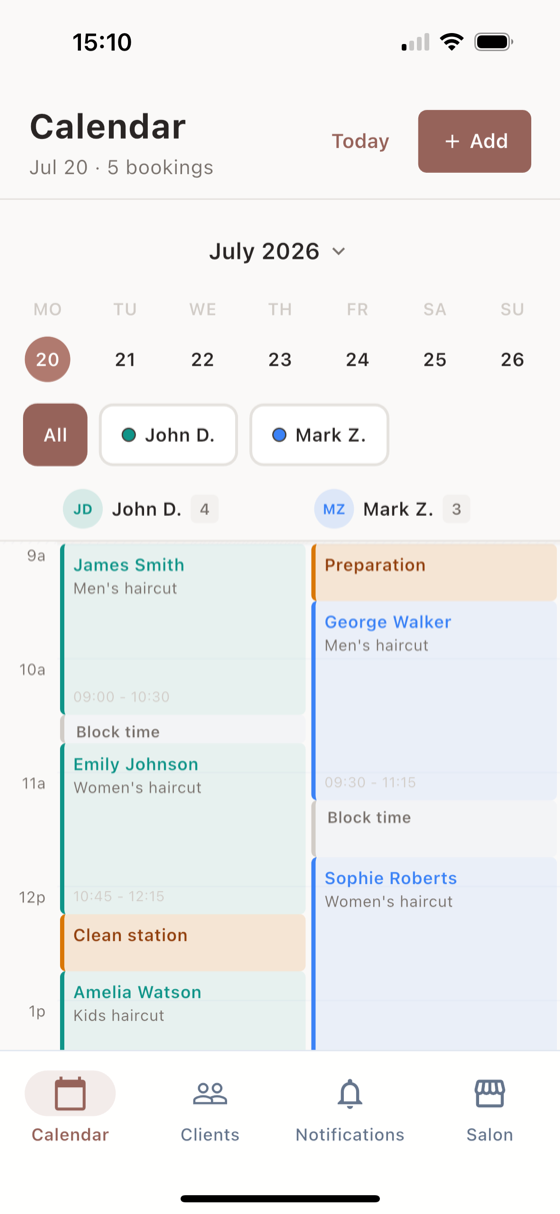 Ofinly calendar showing daily salon bookings for two staff members