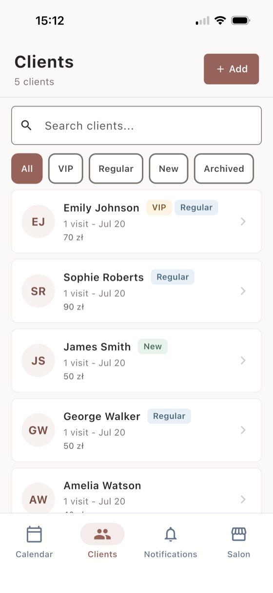 Ofinly client list with search, filters, visit history, and spending
