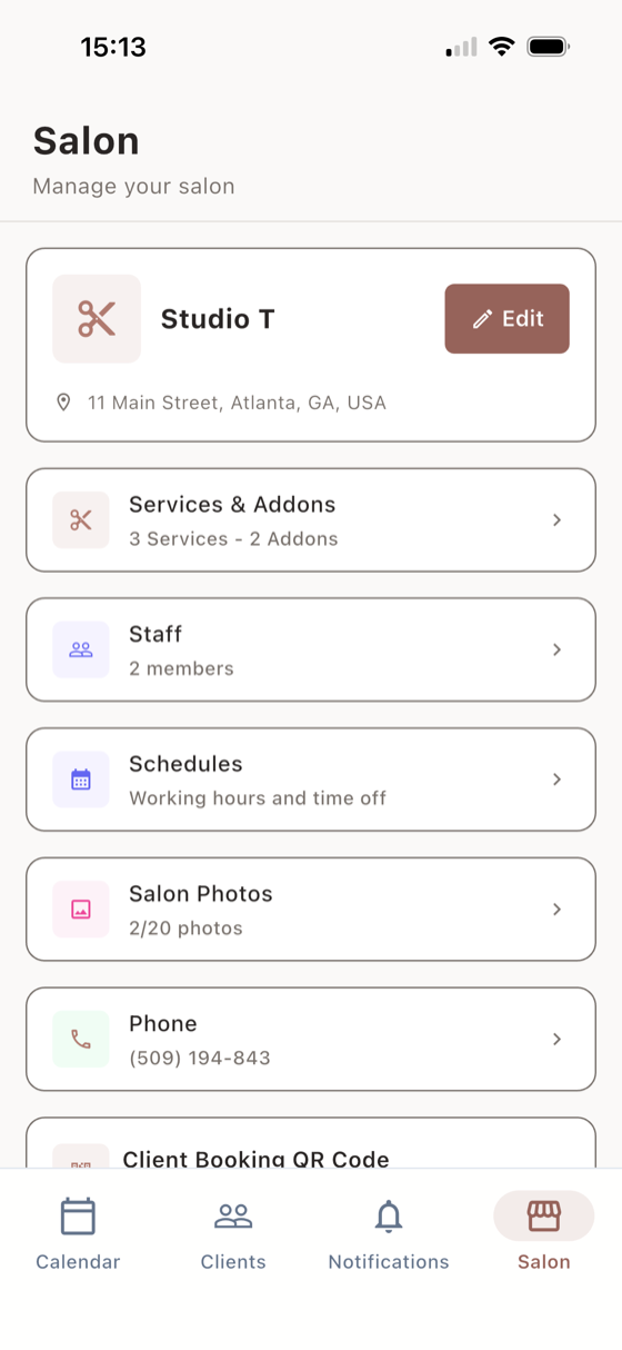 Ofinly salon management screen with services, staff, schedules, and contact details